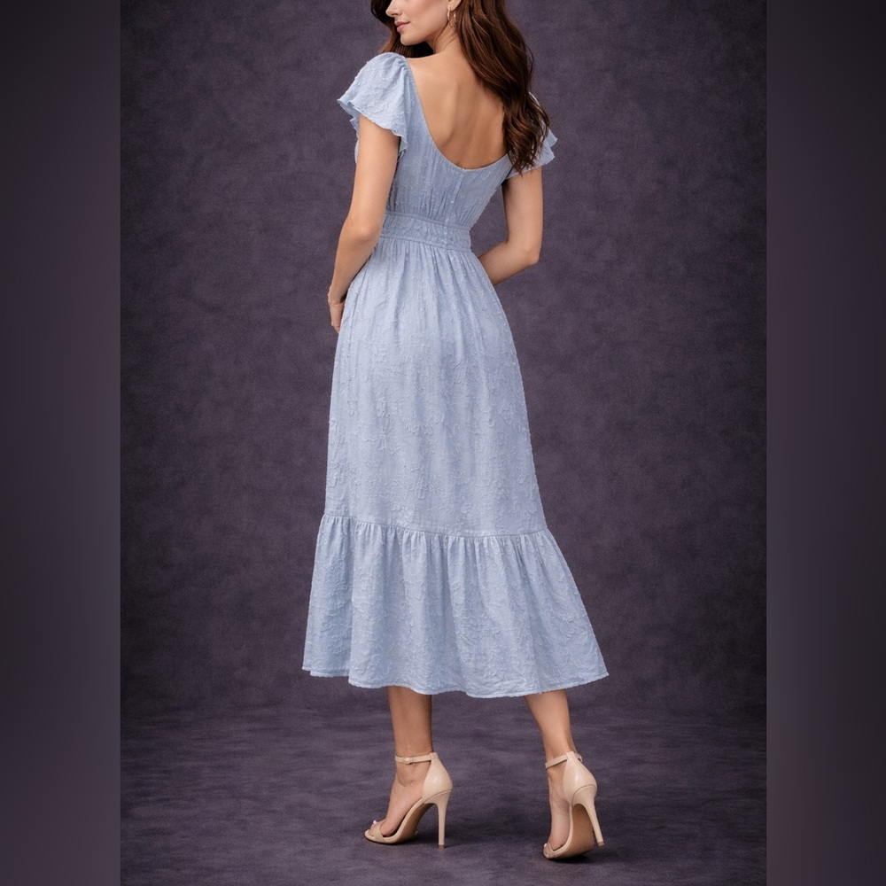 Function & Fringe Edit | Soft Blue Textured Flutter Sleeve Midi Dress - Picture 3 of 4